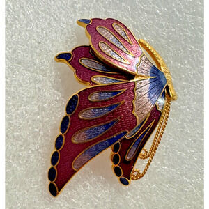 Cloisonne Large Enamel Butterfly Brooch Purple Blue Gold Tone Crown Jewelers